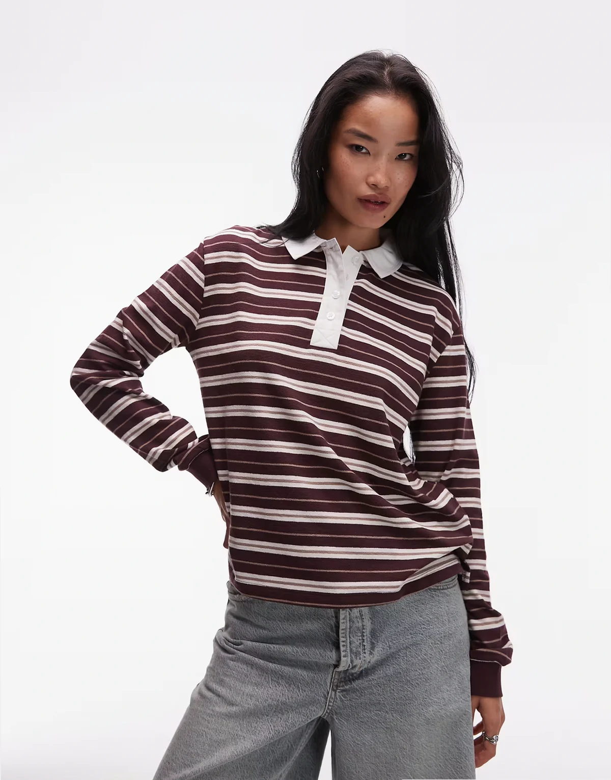 – Oversize-Rugby-Shirt mit strukturierten burgunderroten Streifen