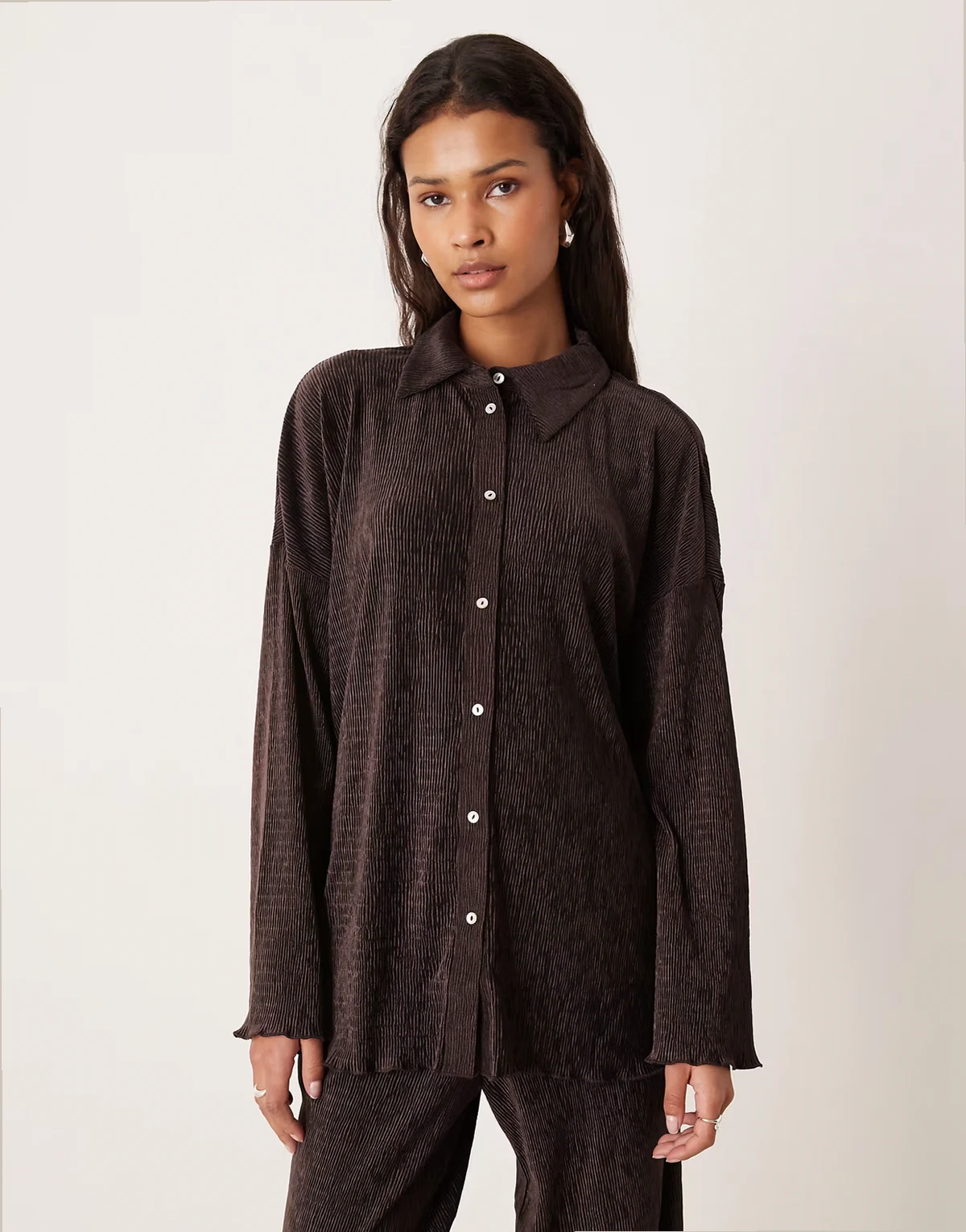 velvet plisse wide sleeve shirt in chocolate - part of a set