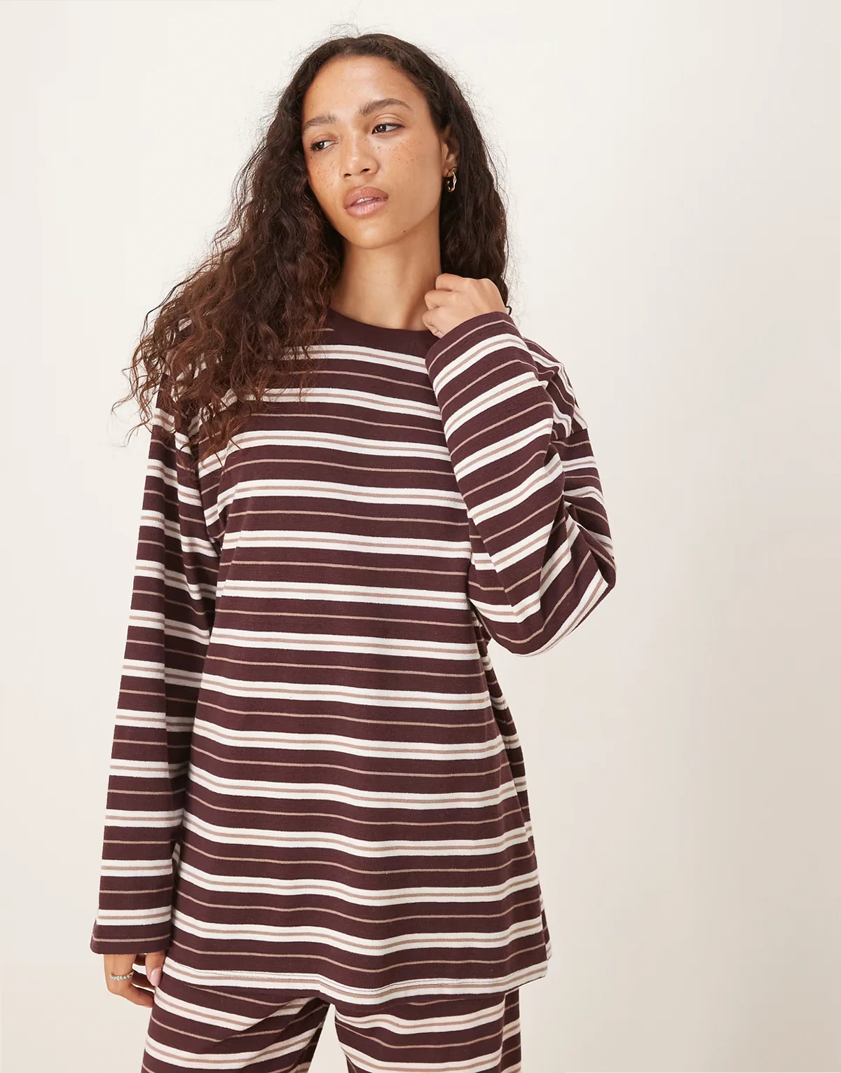 textured wide sleeve top in chocolate & cream stripes - part of a set