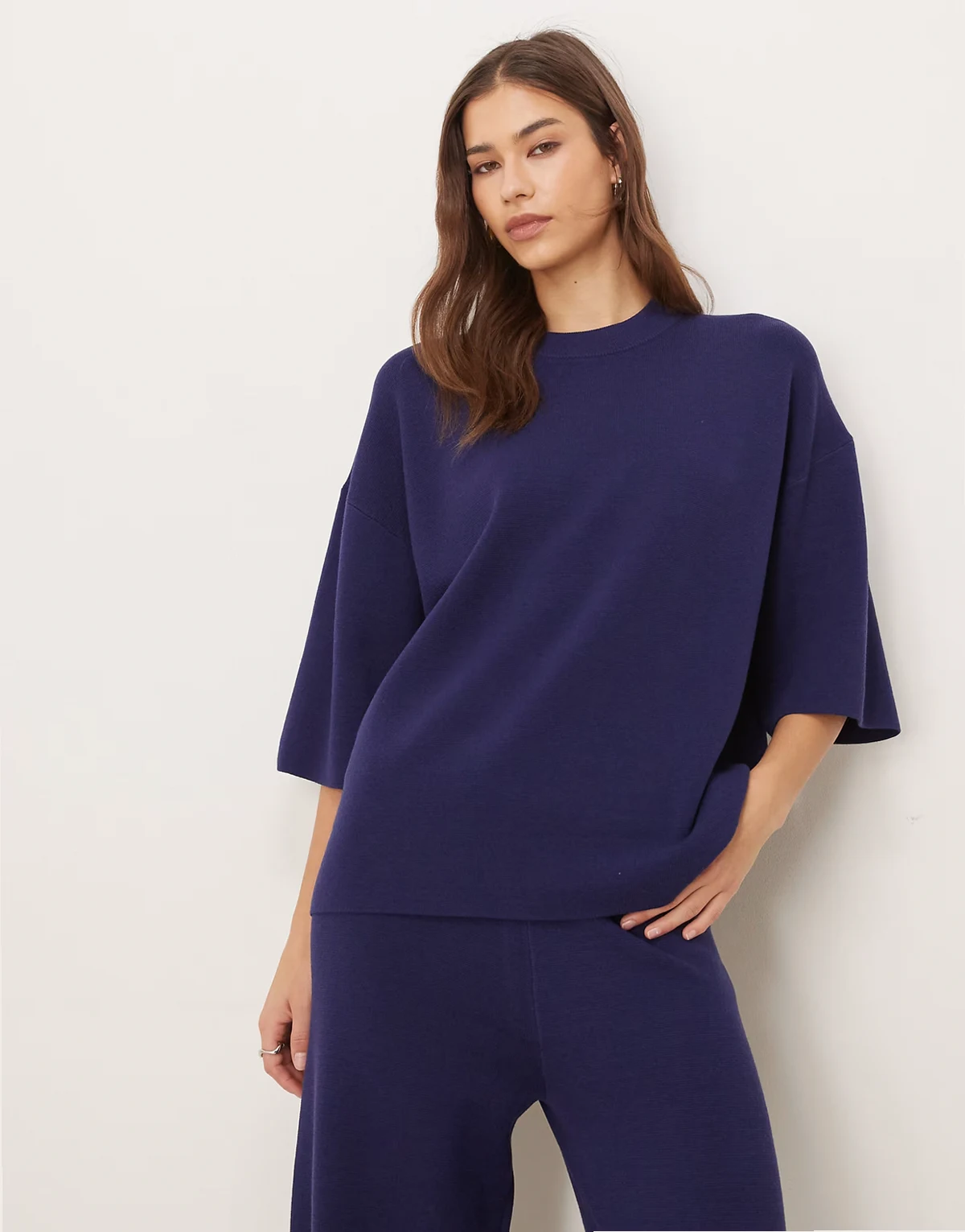 knit compact structured oversized T-shirt in navy - part of a set
