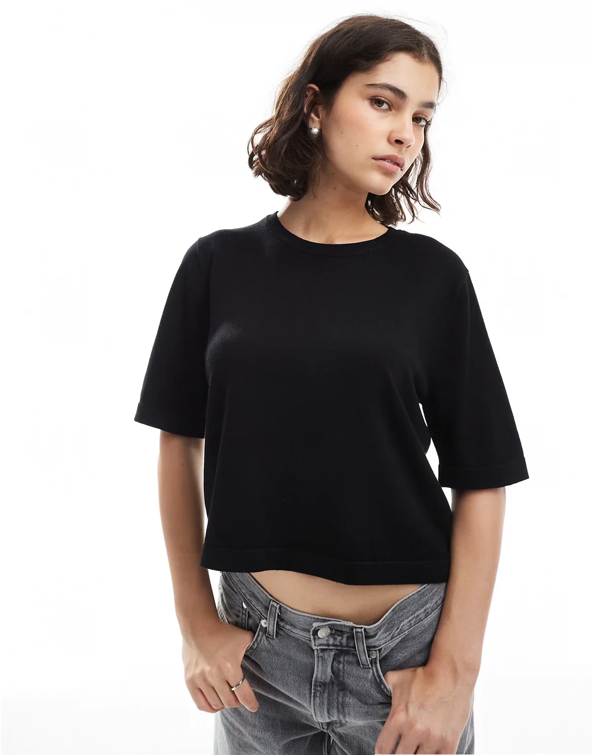 knitted boxy T-shirt in black