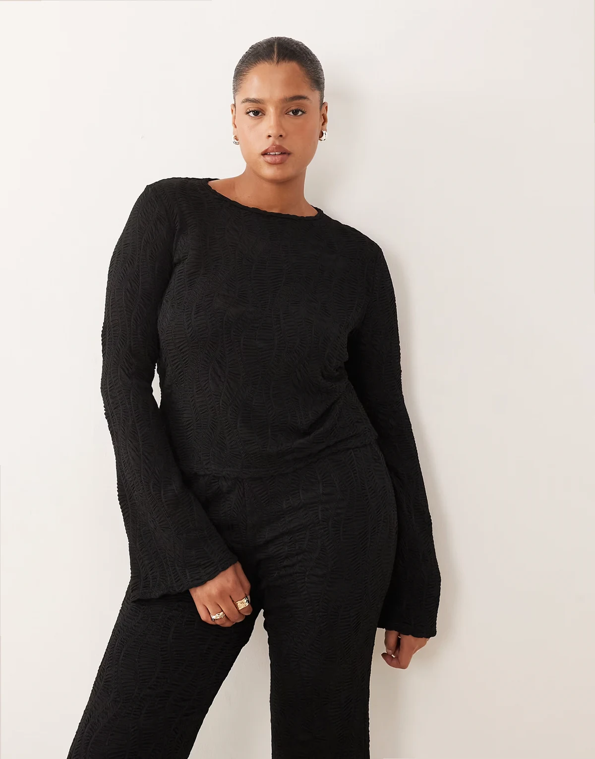 ASOS DESIGN Curve textured flared long sleeves top in black - part of a set