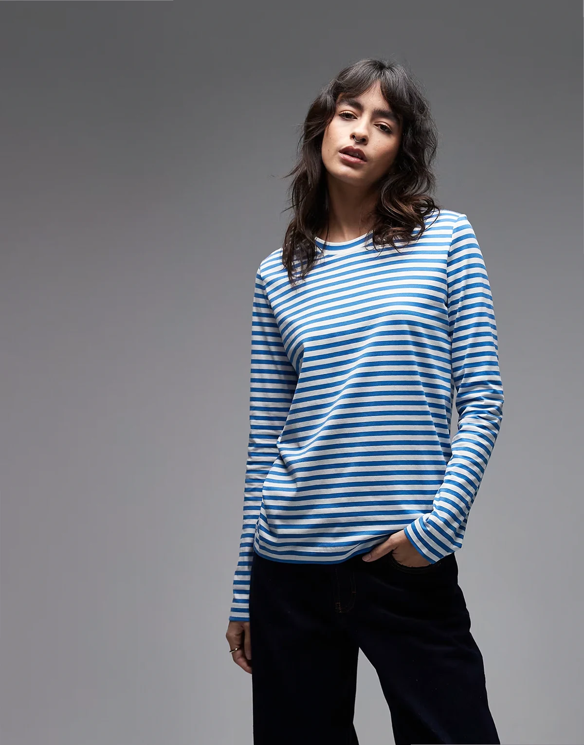 pure cotton long sleeve T-shirt in blue and white stripe