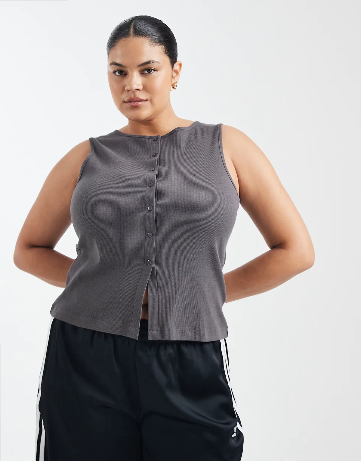 Brave Soul Curve button down vest in charcoal gray