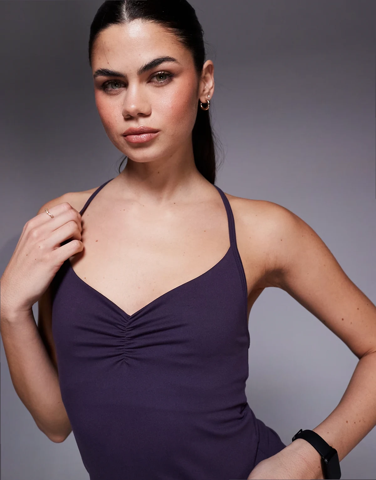 soft touch ruched front yoga cami in heather