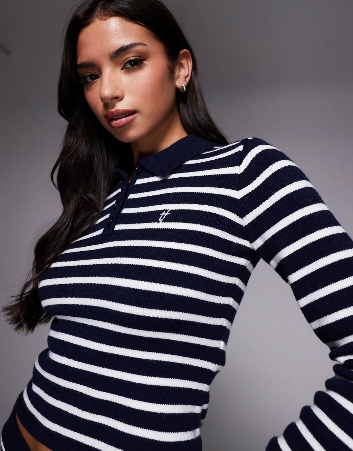 exclusive knit collared henley long sleeve top in navy & cream - part of a set