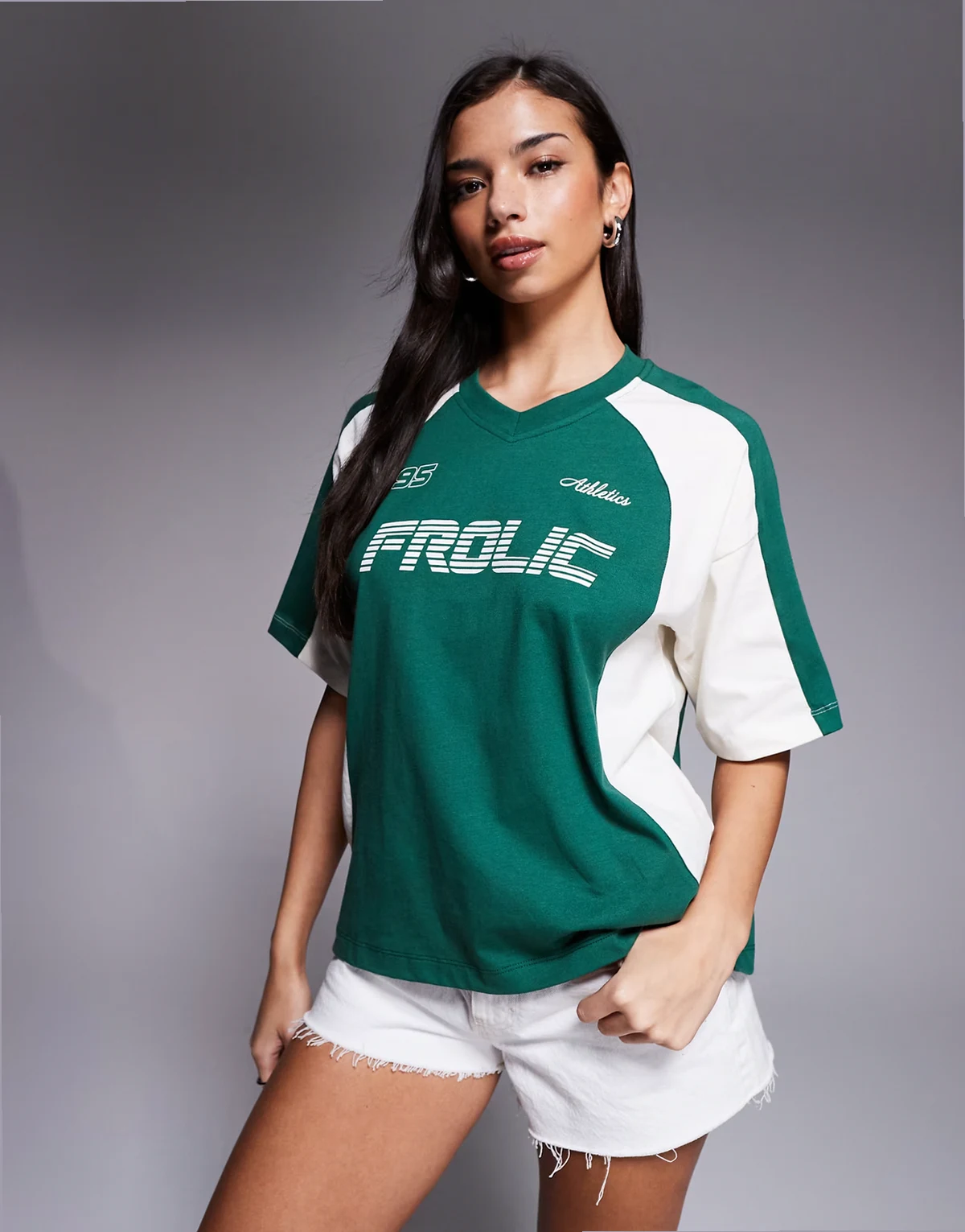 exclusive v neck logo front soccer jersey T-shirt in green & white