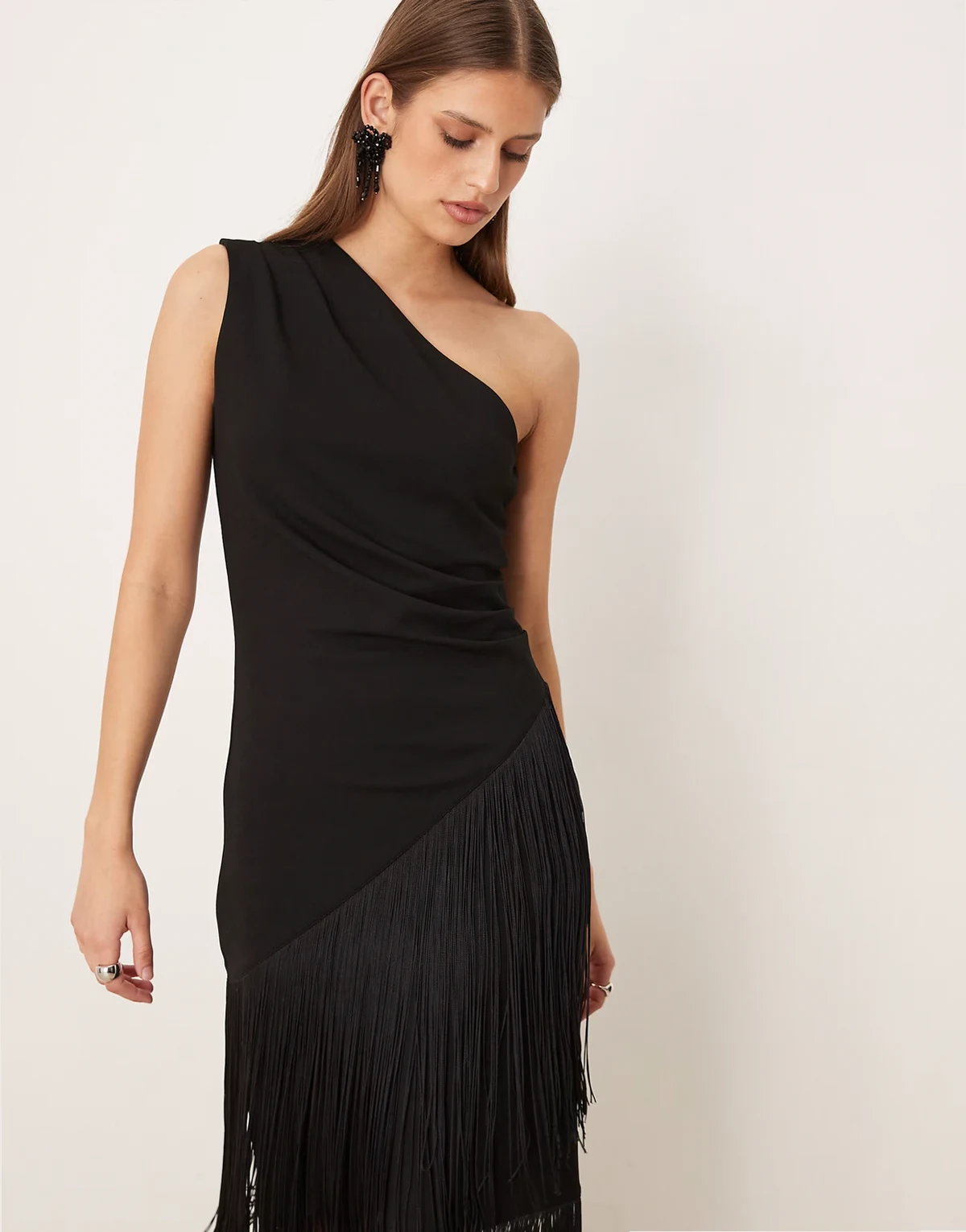 asymmetric longline fringe top in black - part of a set