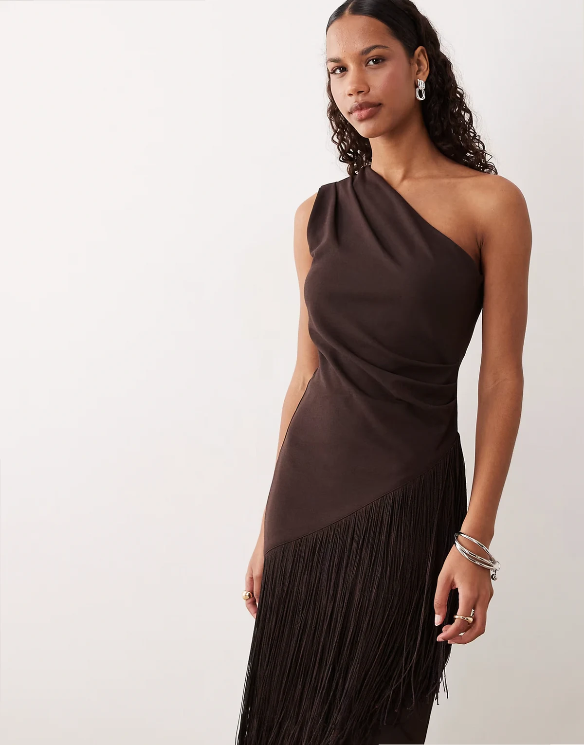 asymmetric longline fringe top in chocolate brown - part of a set