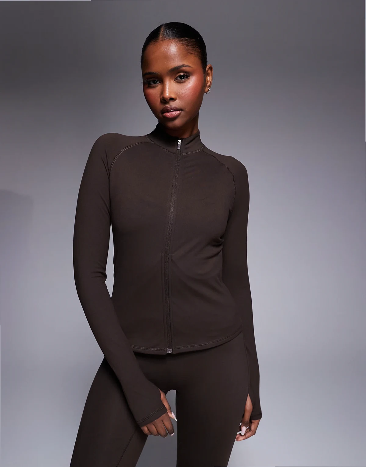 Icon soft touch zip up studio long sleeve top in chocolate