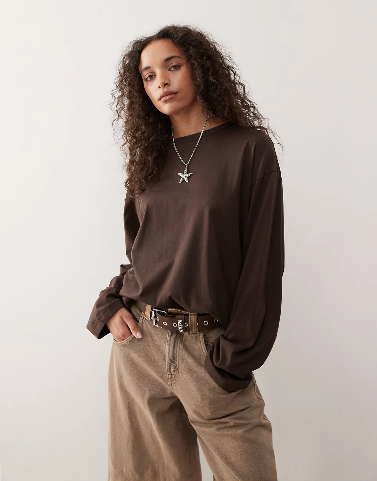oversized long sleeve T-shirt with side slits in chocolate brown