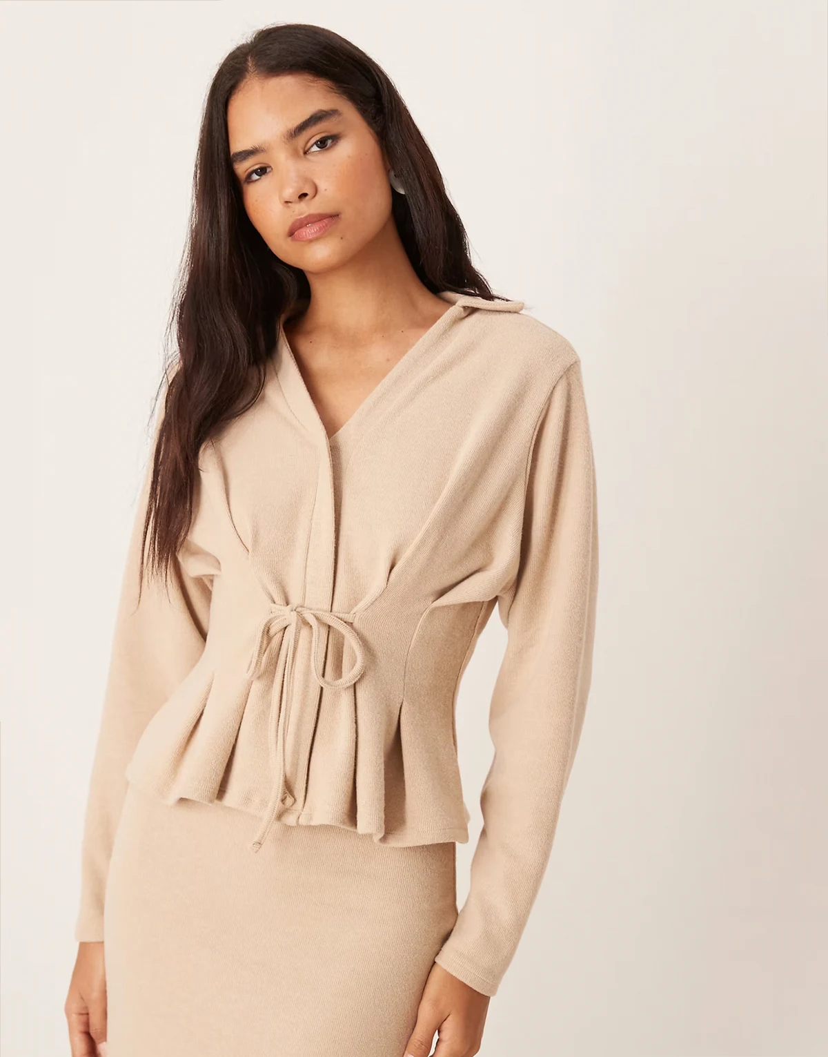 Supersoft tie detailing cinched waist long sleeve polo top in light taupe - part of a set