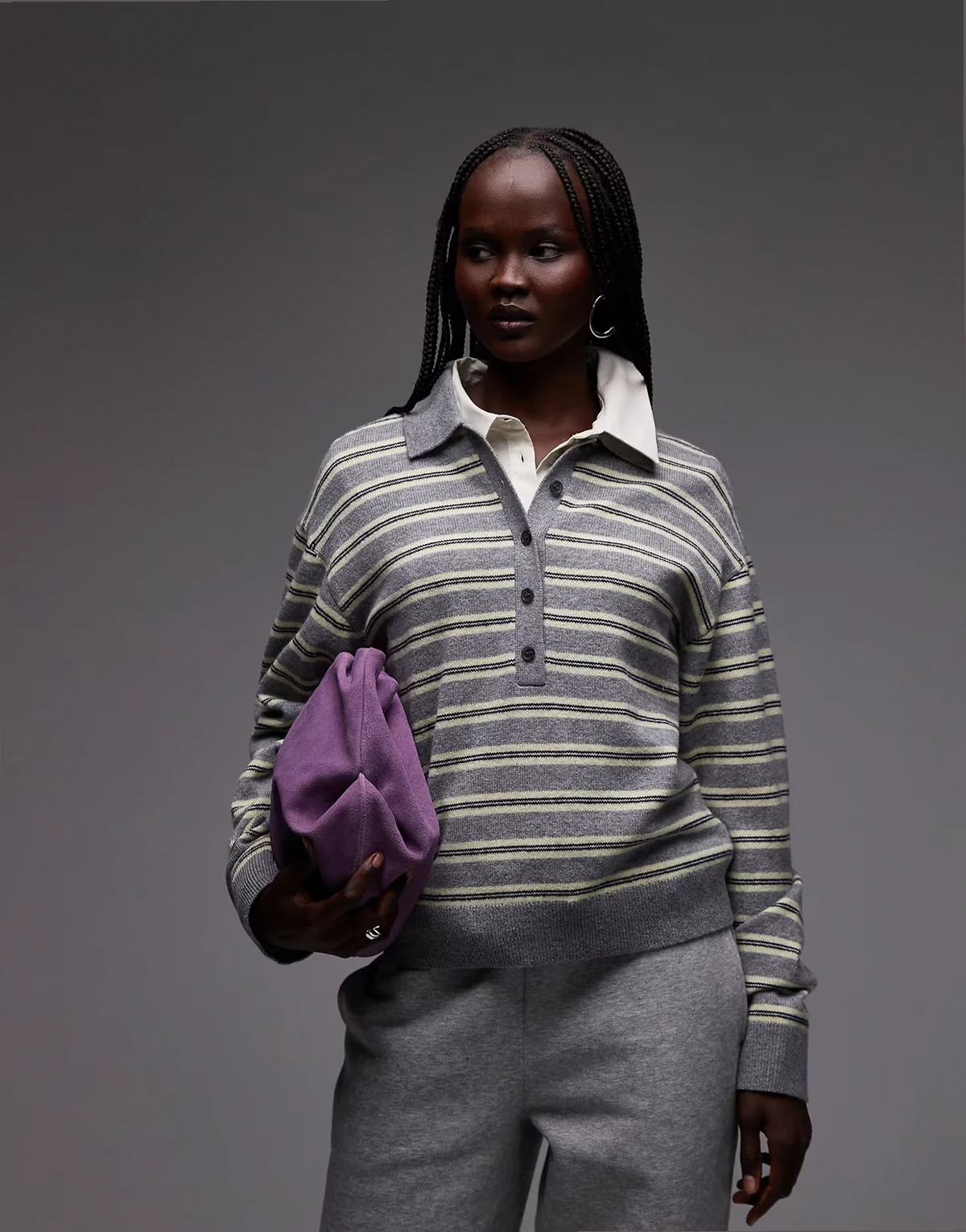 long sleeve polo shirt in gray and yellow stripes