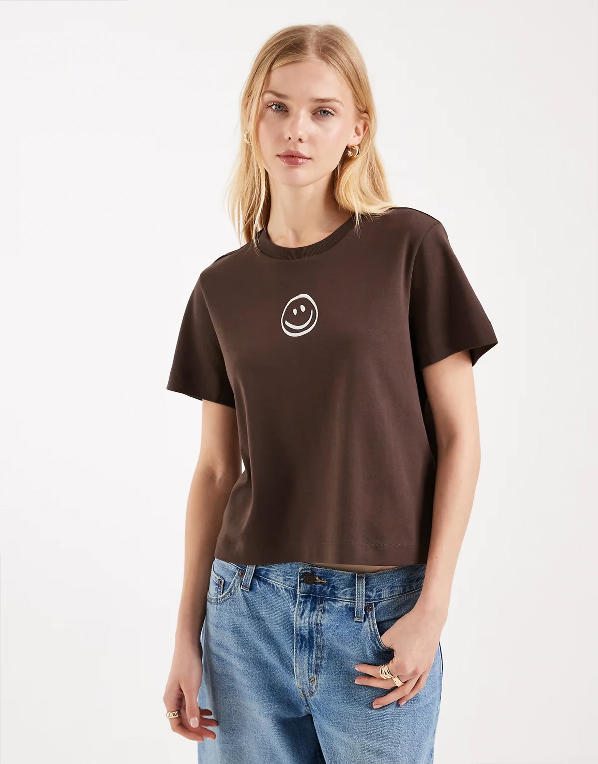 boxy tee with smiley face graphic in brown