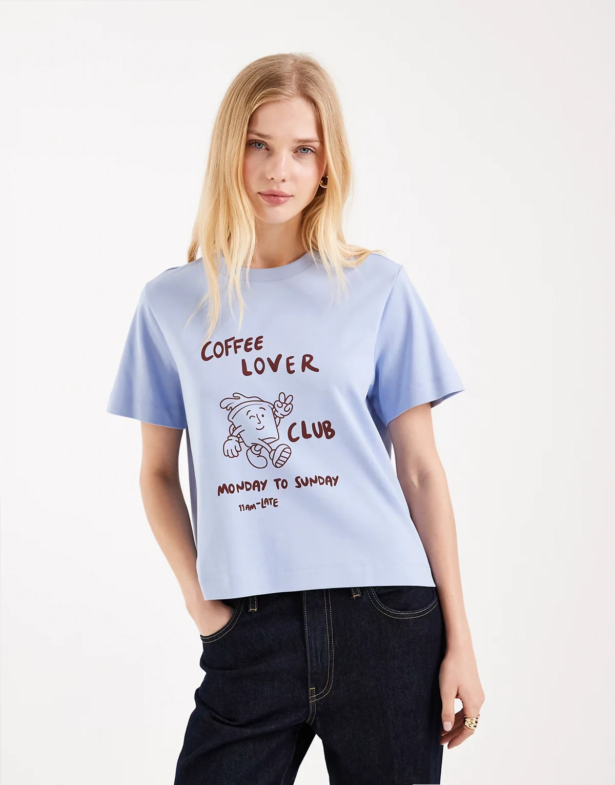 oversized boxy t-shirt with coffee lover graphic in soft blue