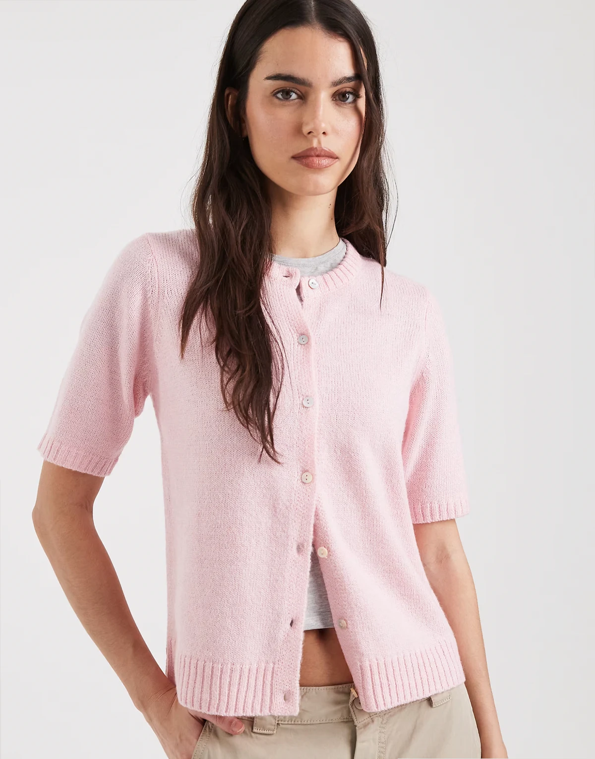 short sleeve crew neck cardigan in pale pink