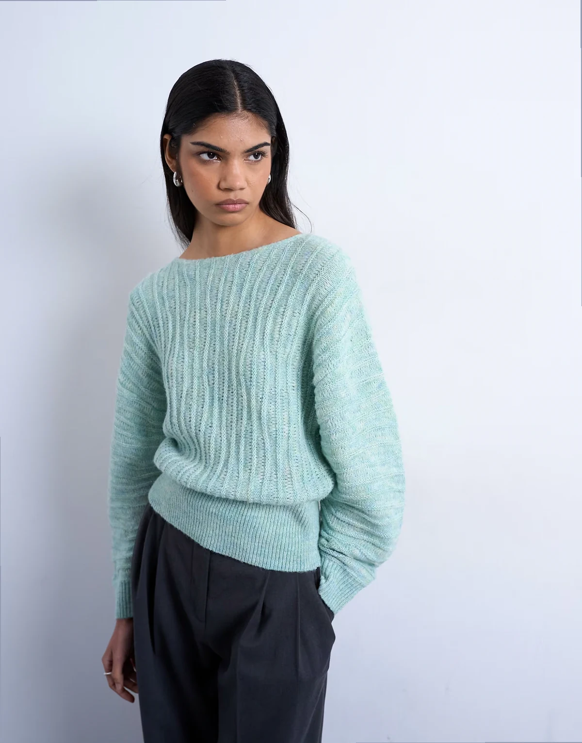 knit slash neck wave textured sweater in mint
