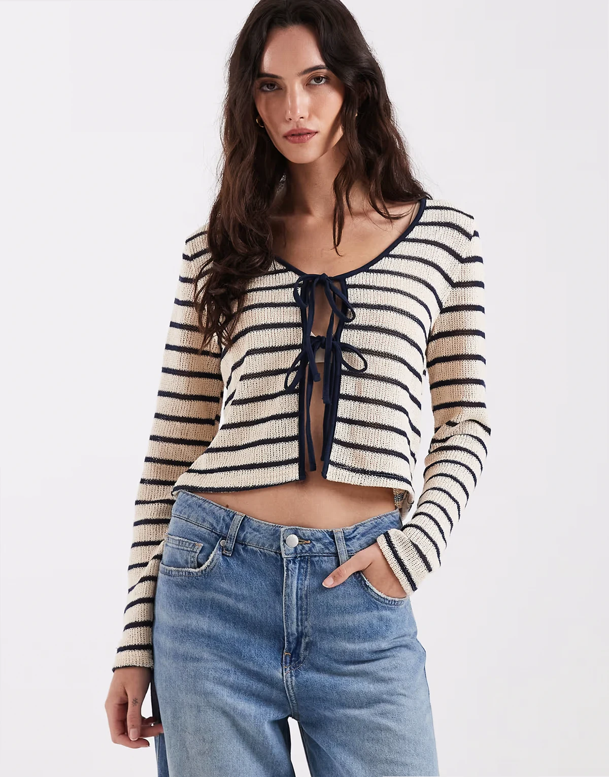 knit tie front cardigan in cream and blue stripes