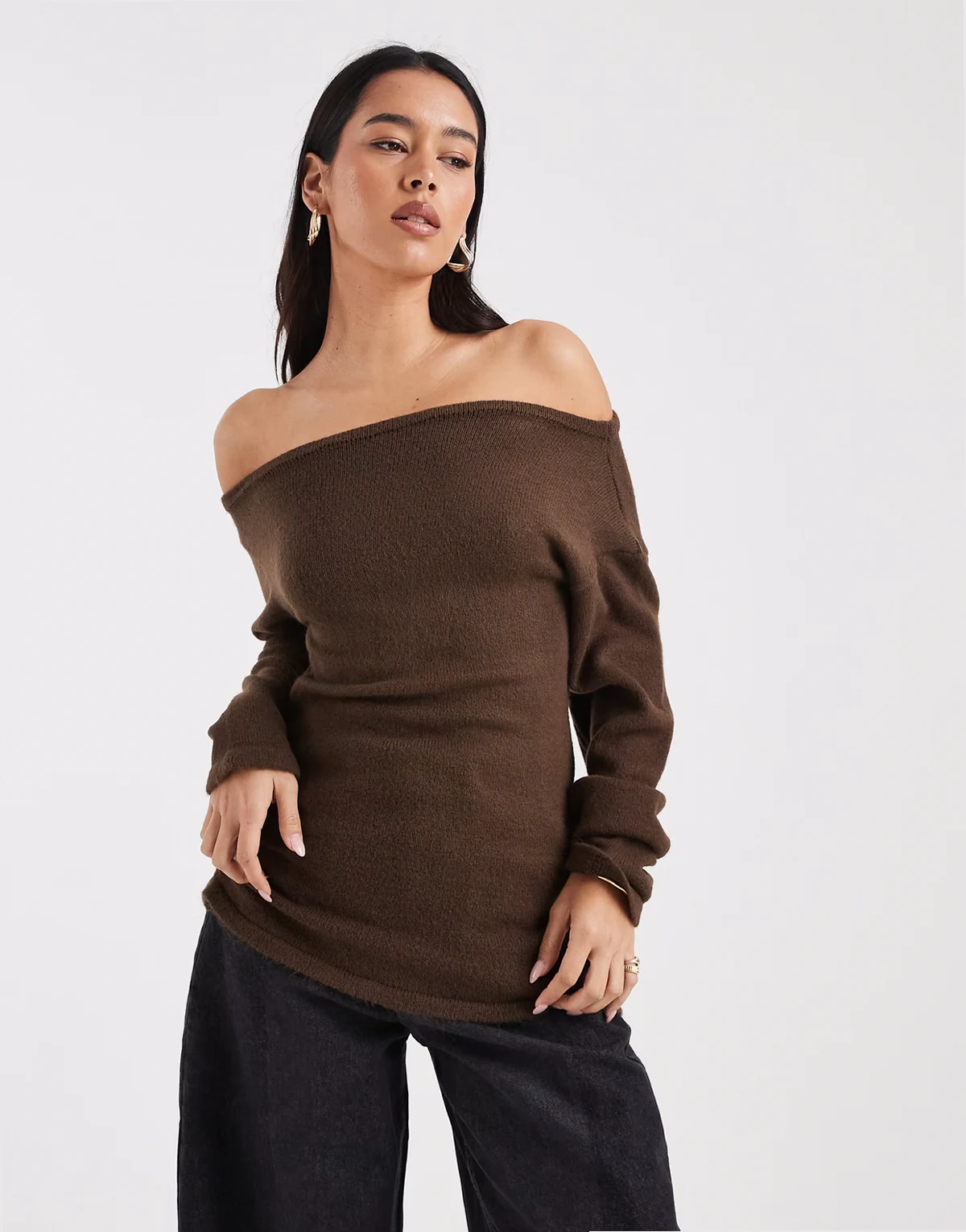 knit one shoulder ruched sweater in chocolate brown