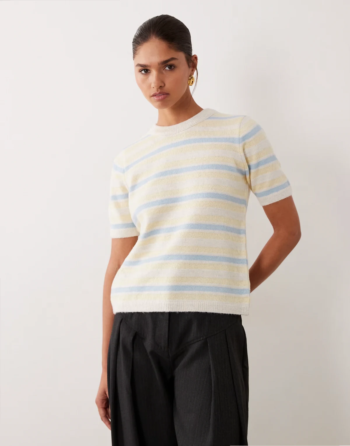 knit short sleeve sweater in buttermilk stripes