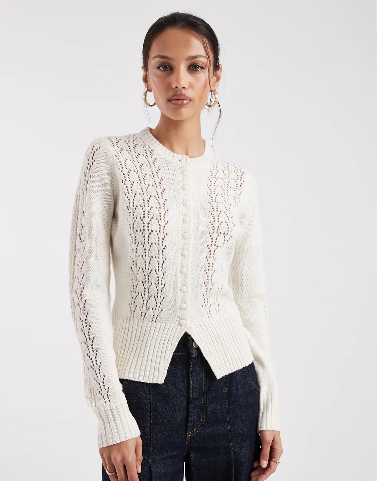 crew neck pointelle cardigan in ecru