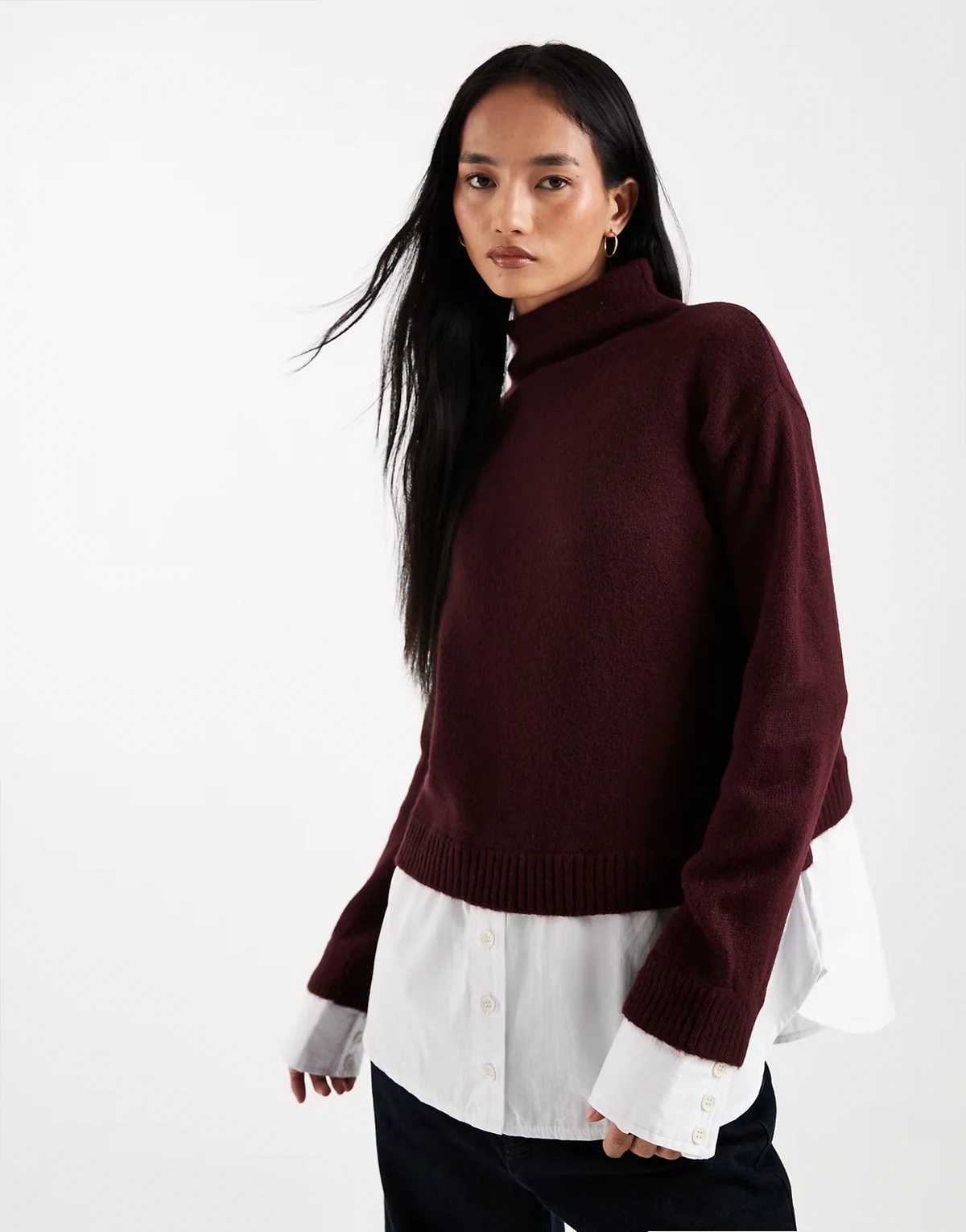 knit sweater with 2 in 1 shirting in plum