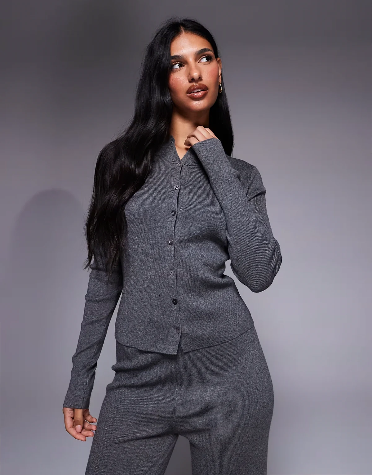 exclusive fine knit button up cardigan in charcoal - part of a set