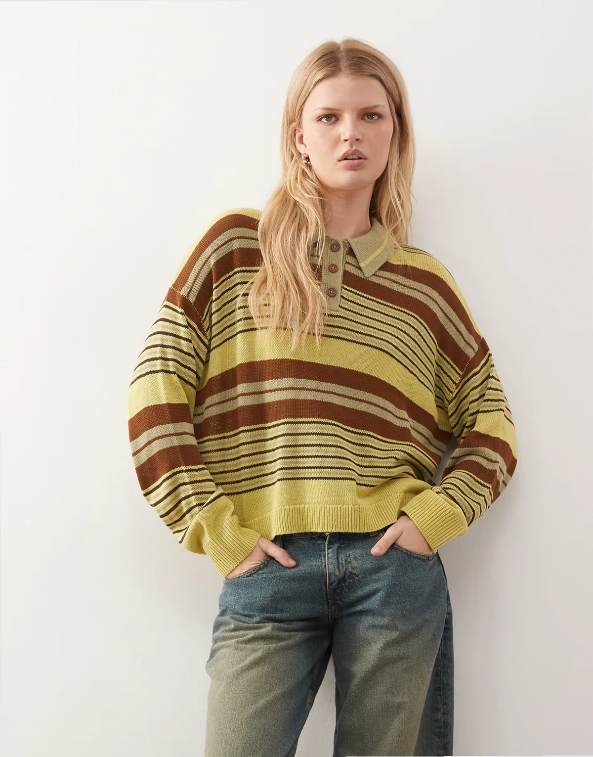 oversized knit polo sweater in green and brown stripe