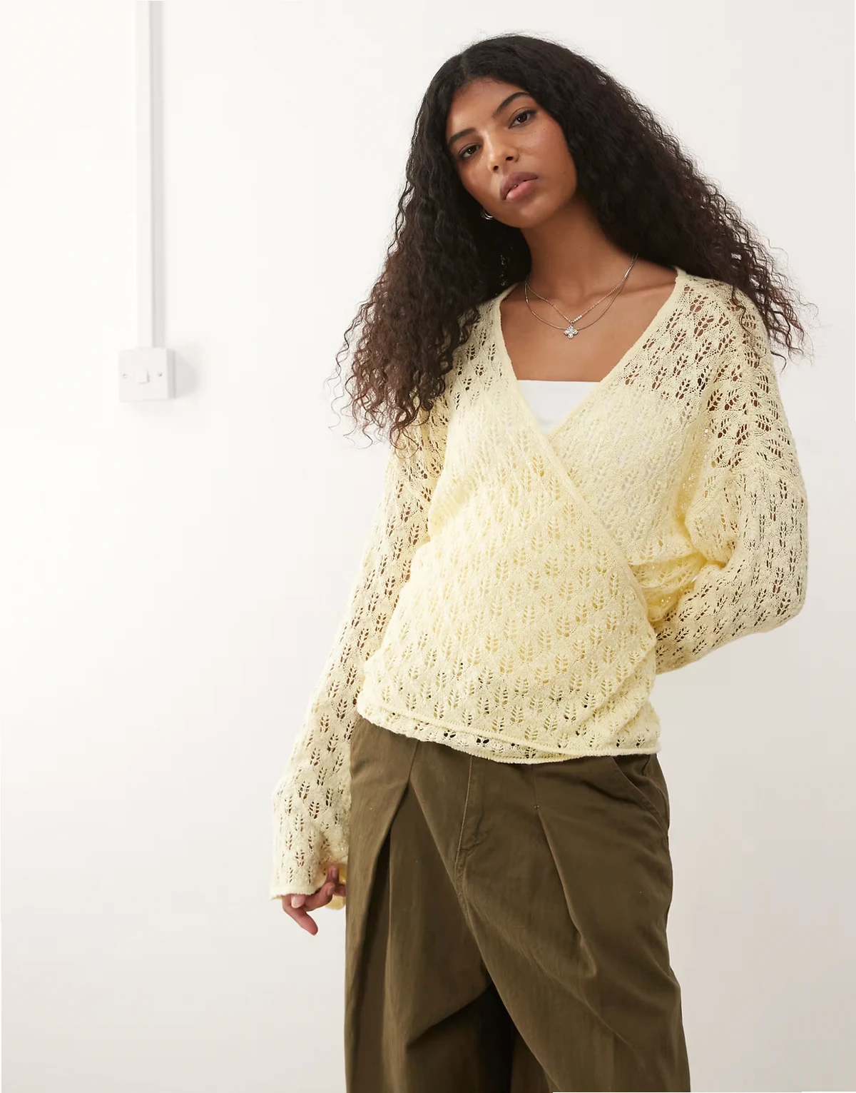 pointelle wrap cardigan in yellow
