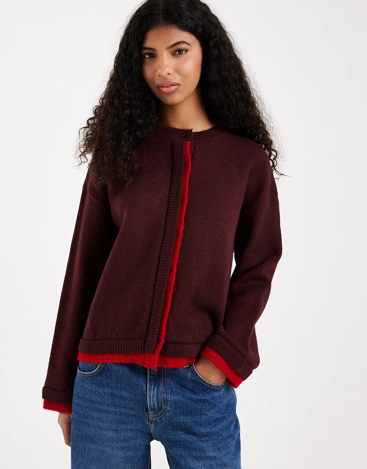 knit sweater with contrast tipping in burgundy