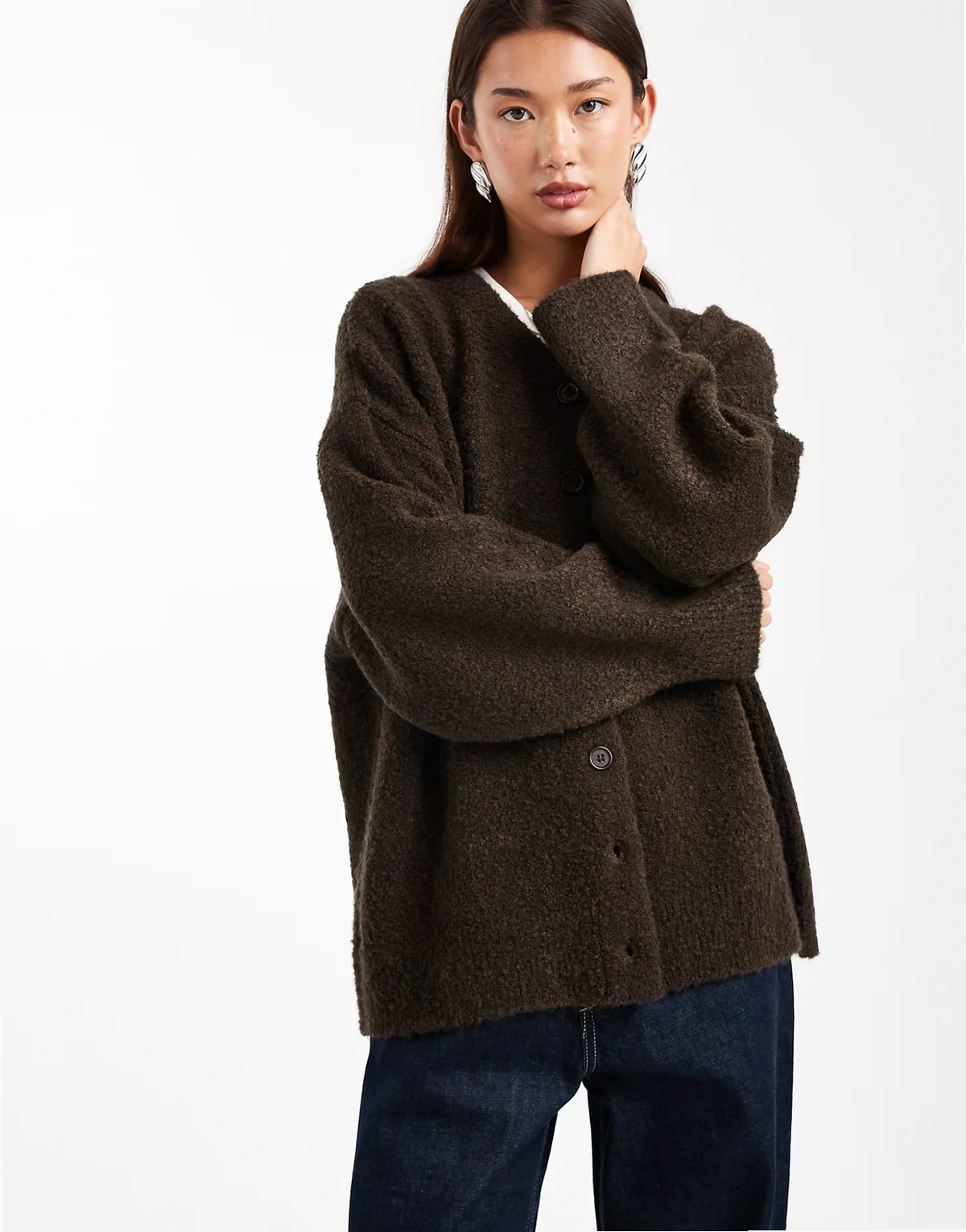 boucle boyfriend cardigan in chocolate