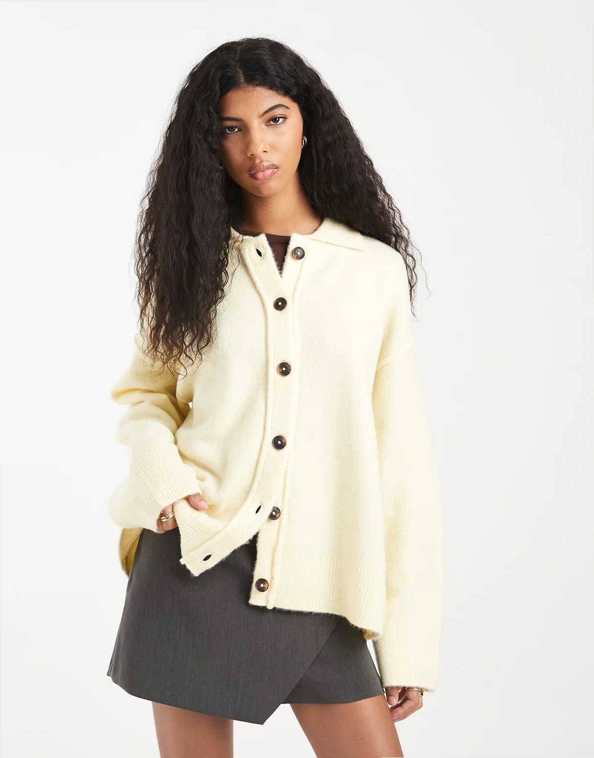 knit collar shirt cardigan with seam detail in buttermilk