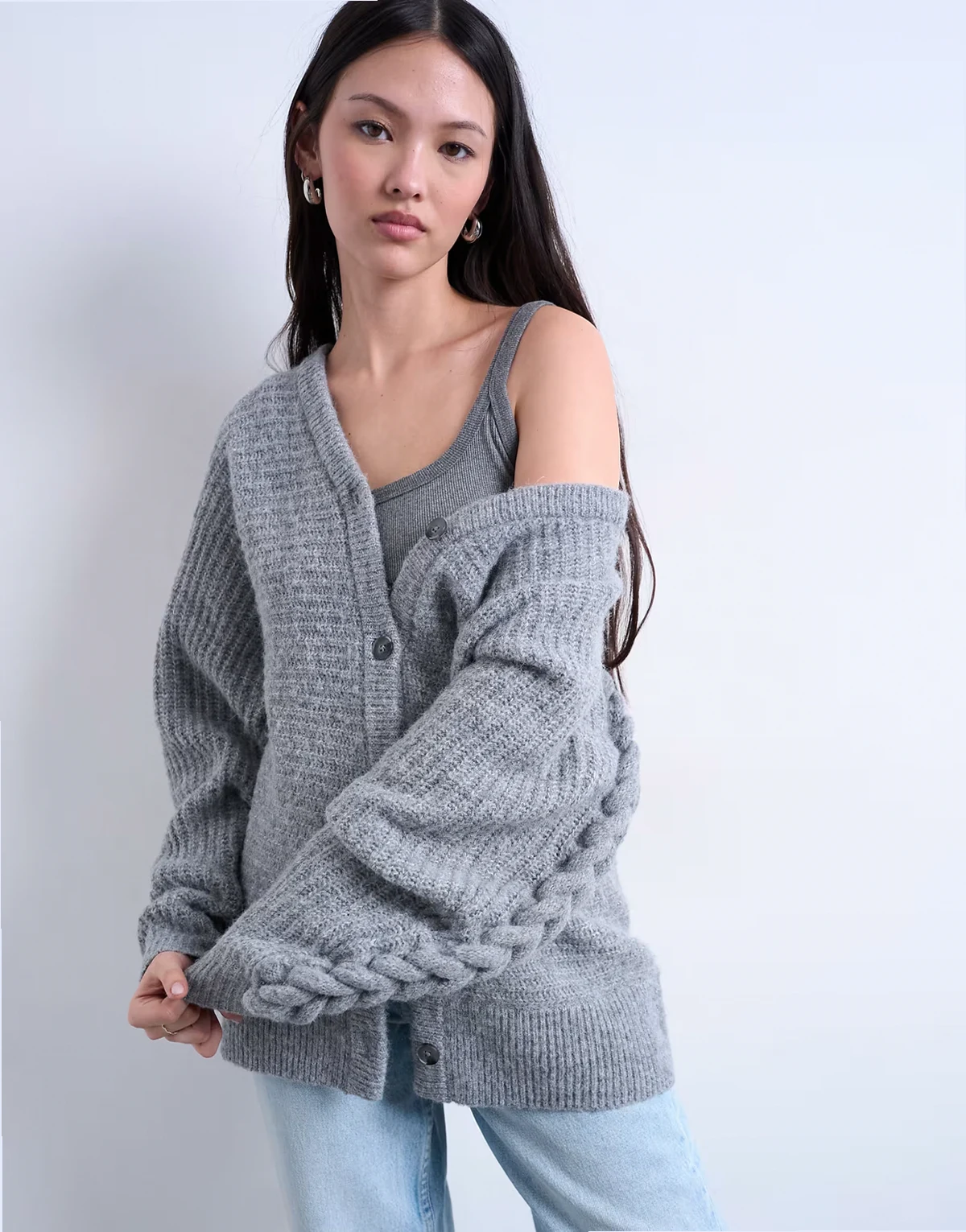 knit oversized cable sleeve slouchy cardigan in gray