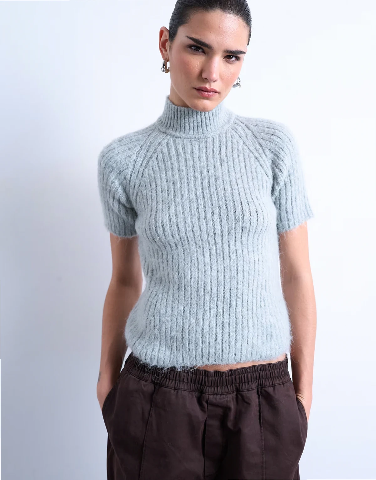 rib knit short sleeve t-shirt in light gray