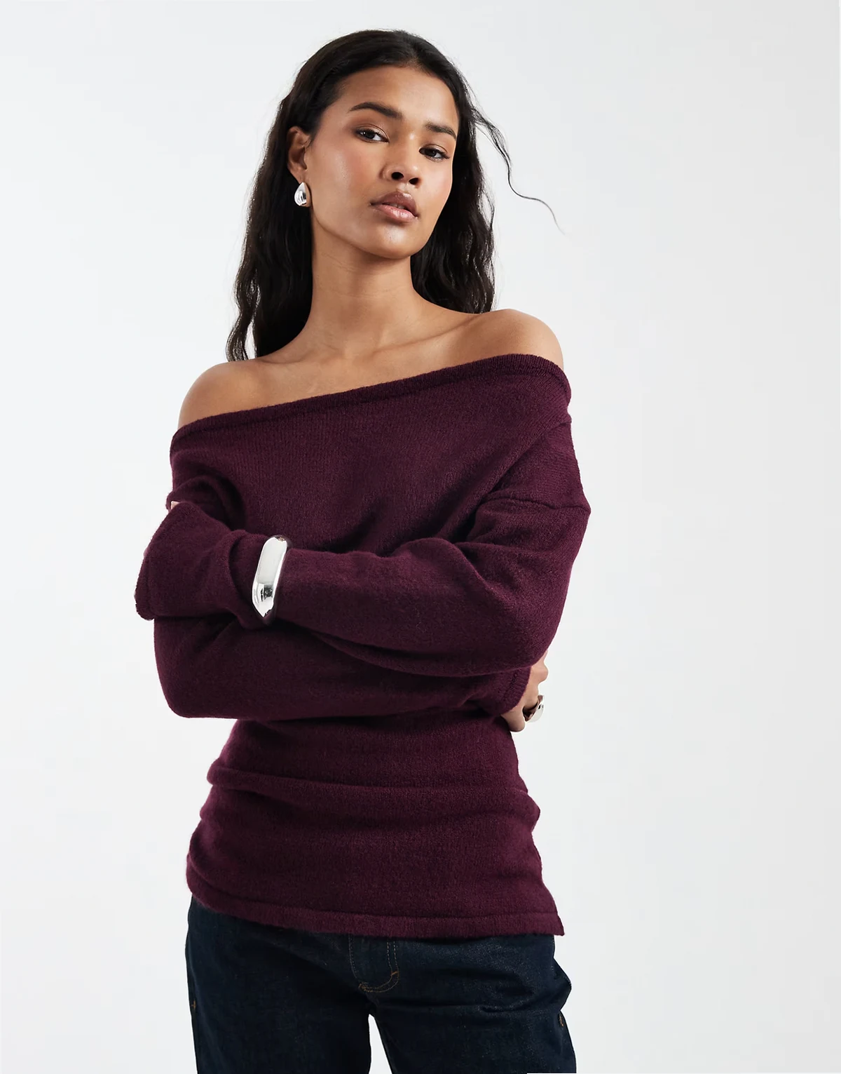 knit one shoulder ruched sweater in plum