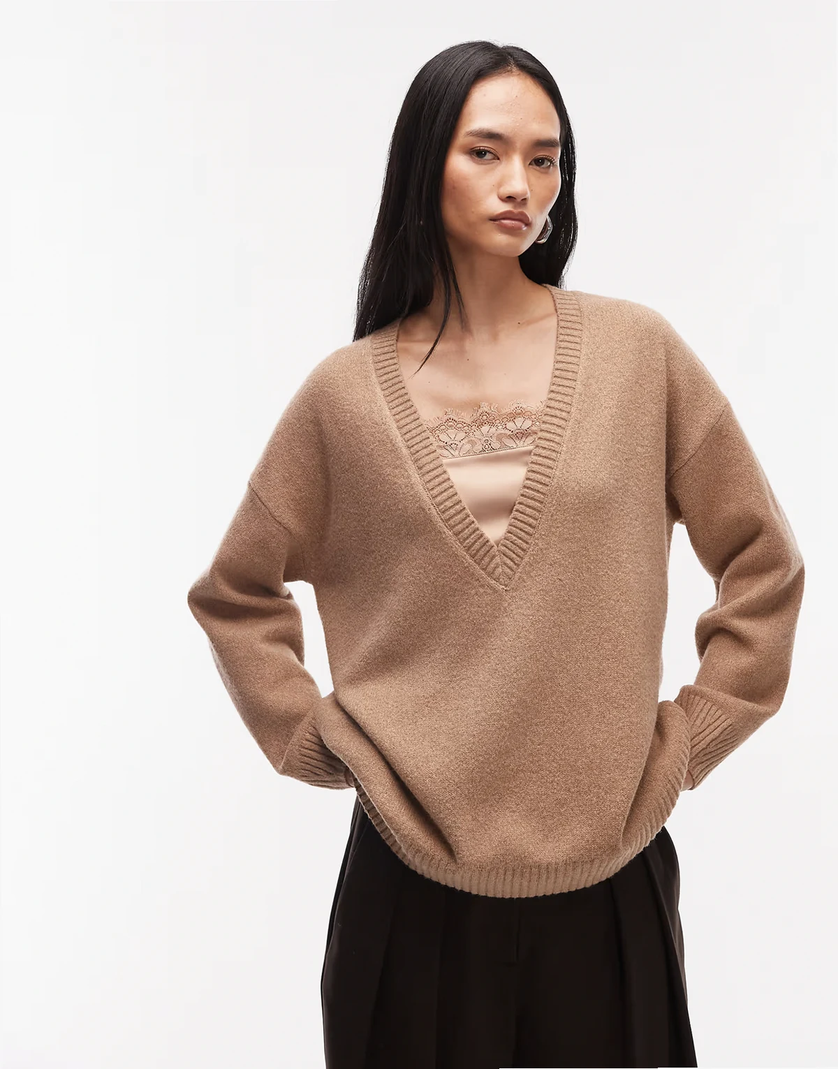 deep v-neck lace sweater in camel