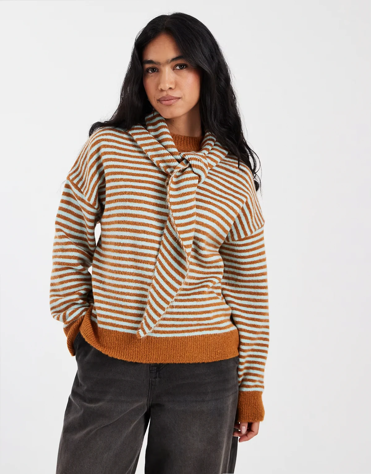 fine striped knit sweater in toffee and duck egg blue