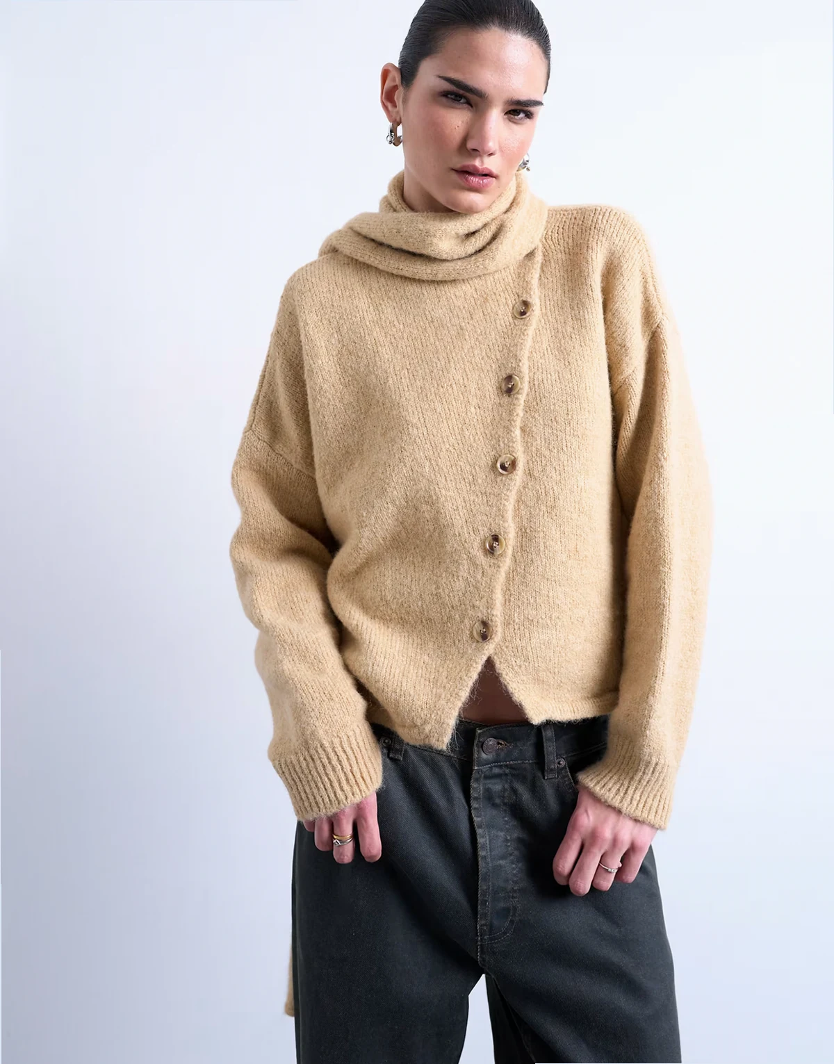 asymmetric knit cardigan with scarf in oat beige