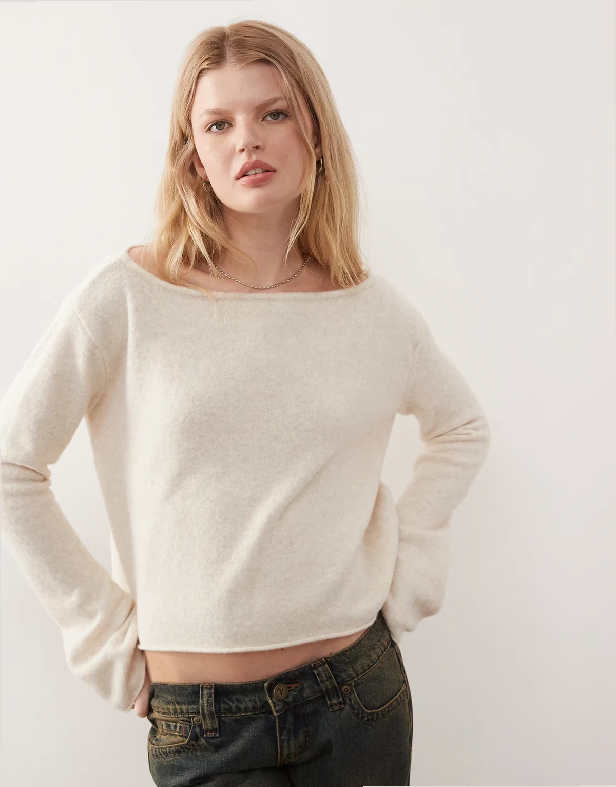 relaxed off the shoulder knit sweater in white