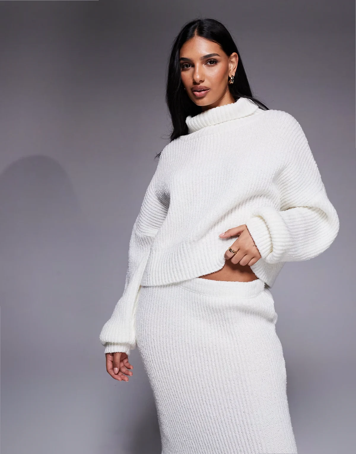 exclusive rib knit high neck balloon sleeve sweater in cream - part of a set
