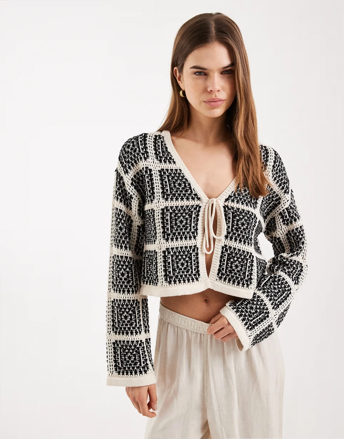 crochet knit tie front cardigan in black and white plaid