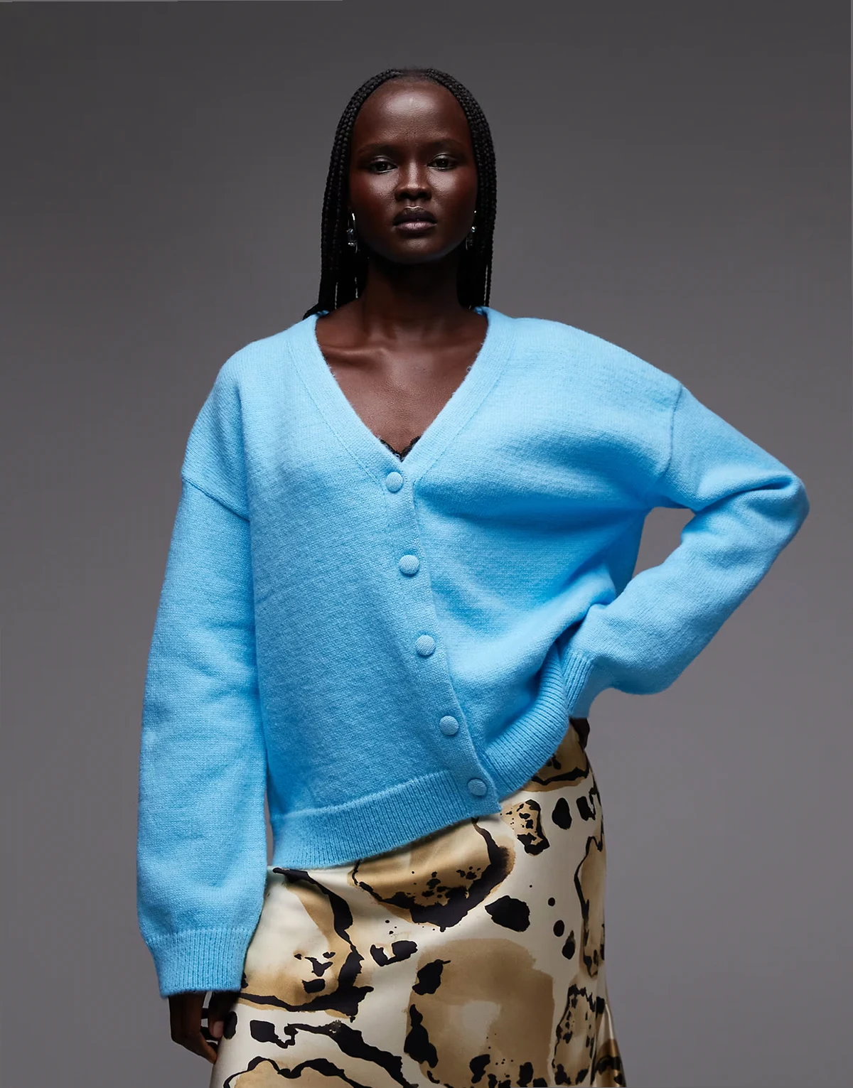 oversized knit v-neck cardigan in bright blue