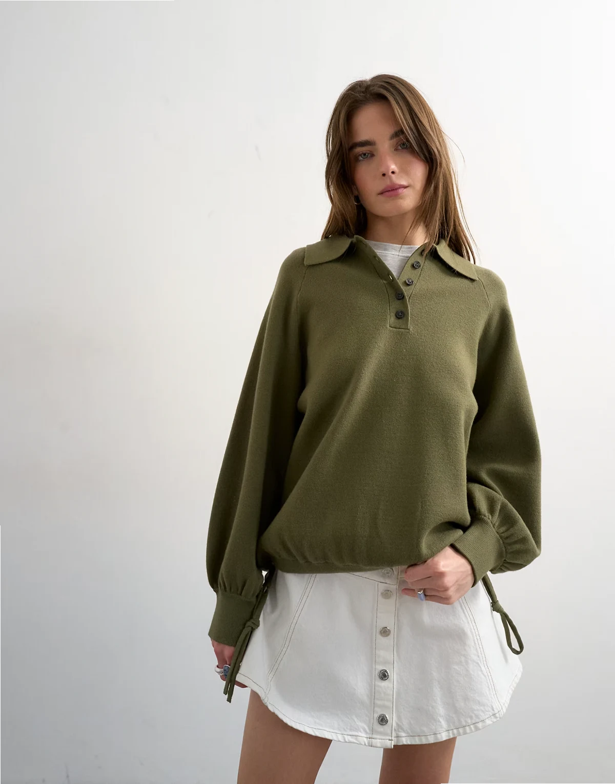 knit compact utility cinch hem polo shirt in khaki green