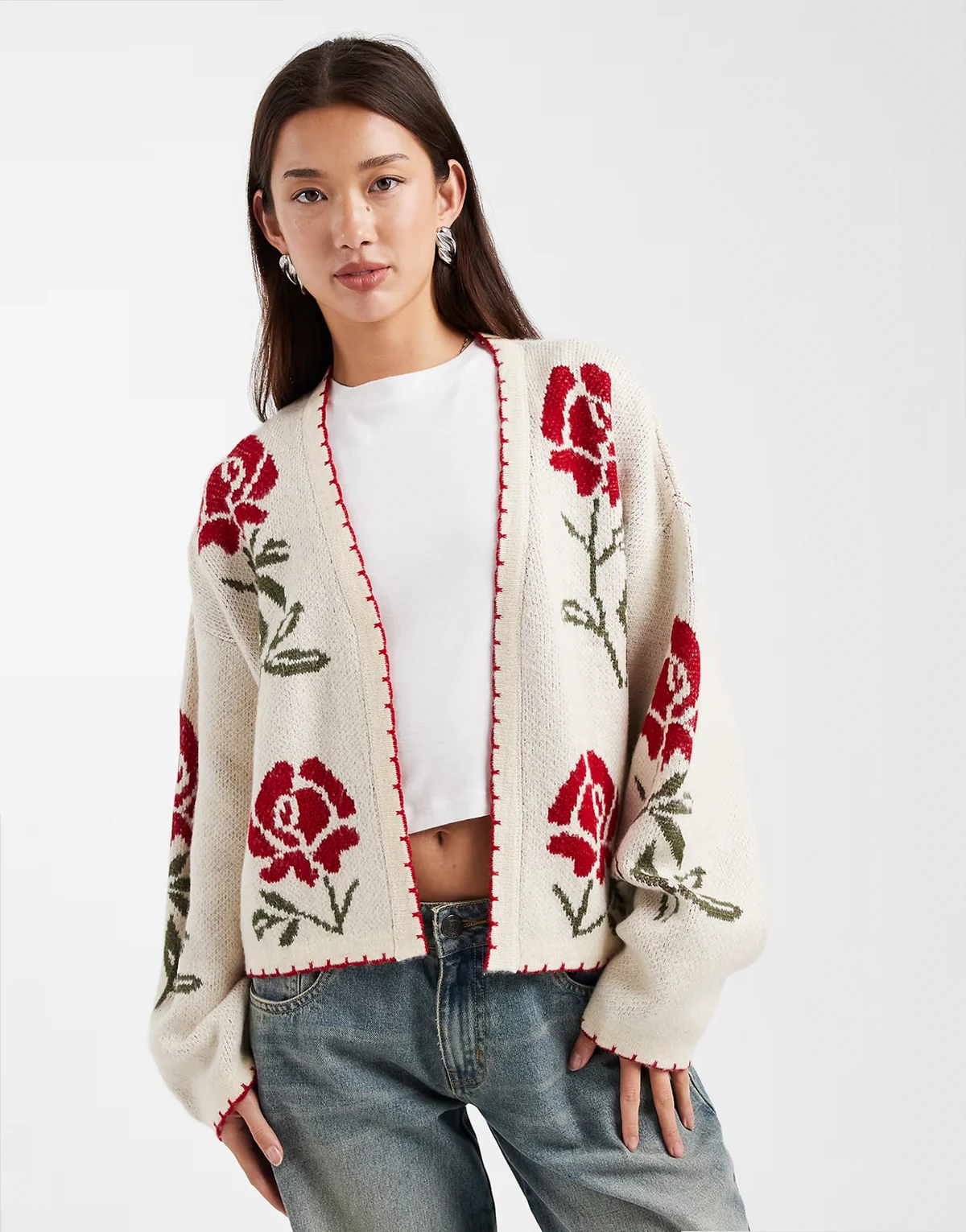 floral blanket stitch cardigan in cream