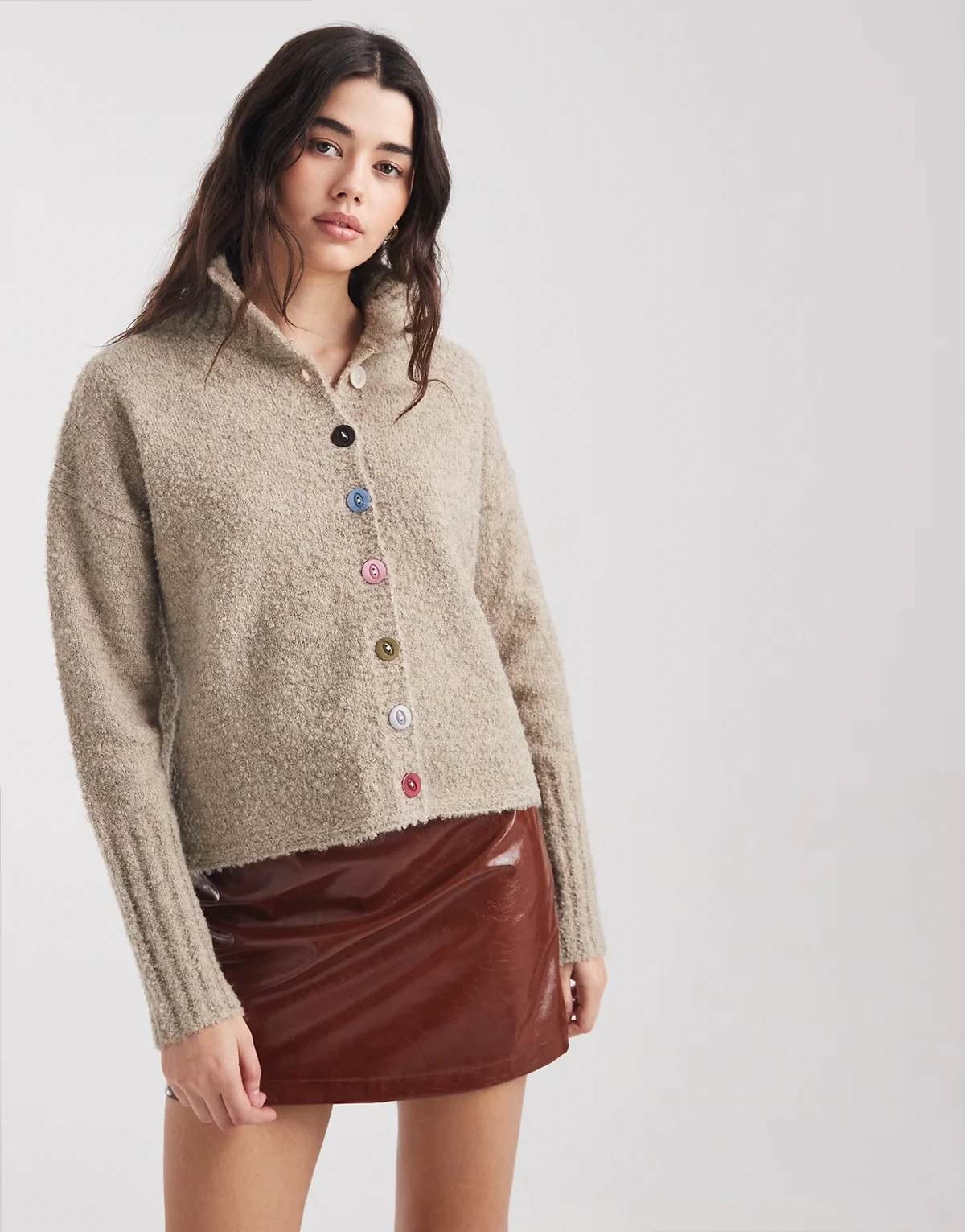 multi colored button down cardigan in oat heather