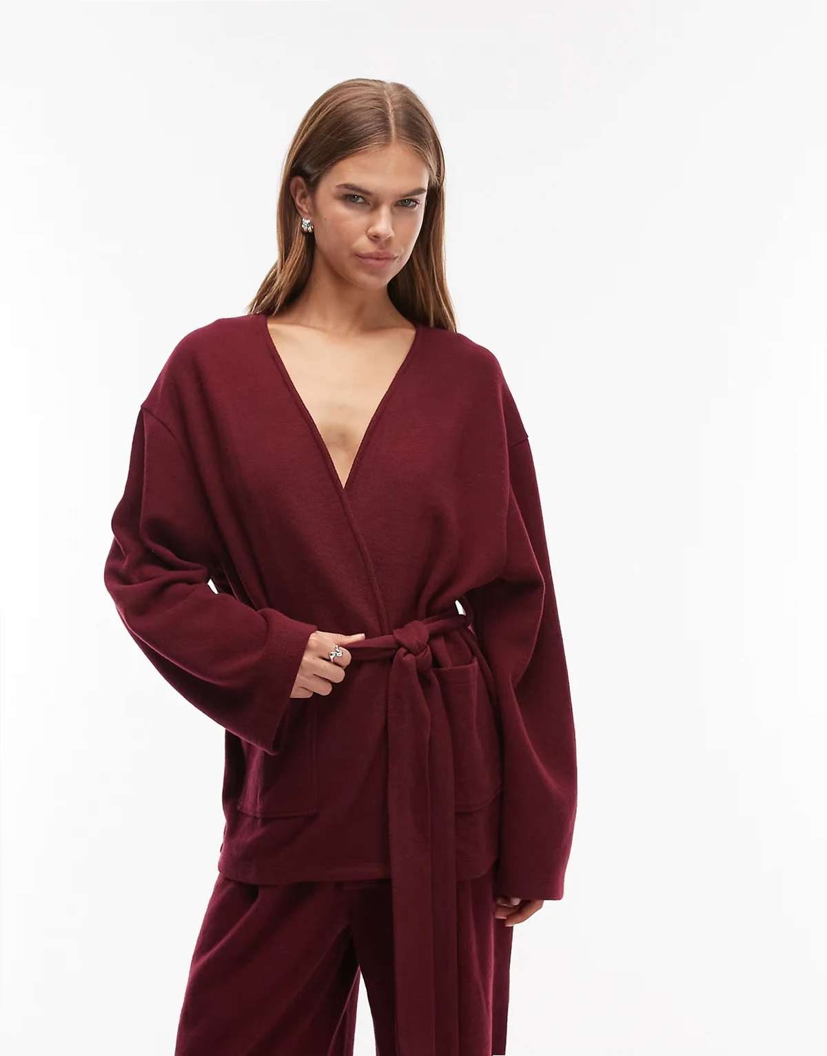 Supersoft tie waist cardigan in dark cherry - part of a set
