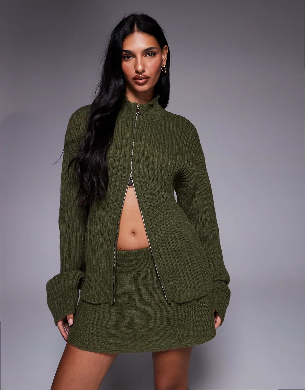 exclusive double zip up ribbed knit sweater in olive - part of a set