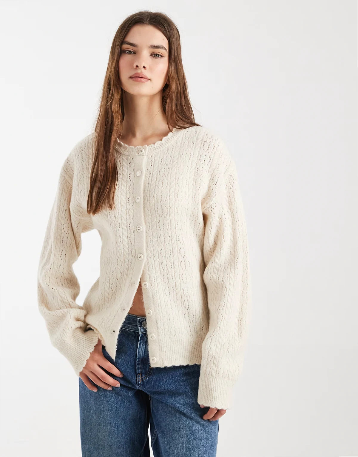 knit lace look cardigan in ecru