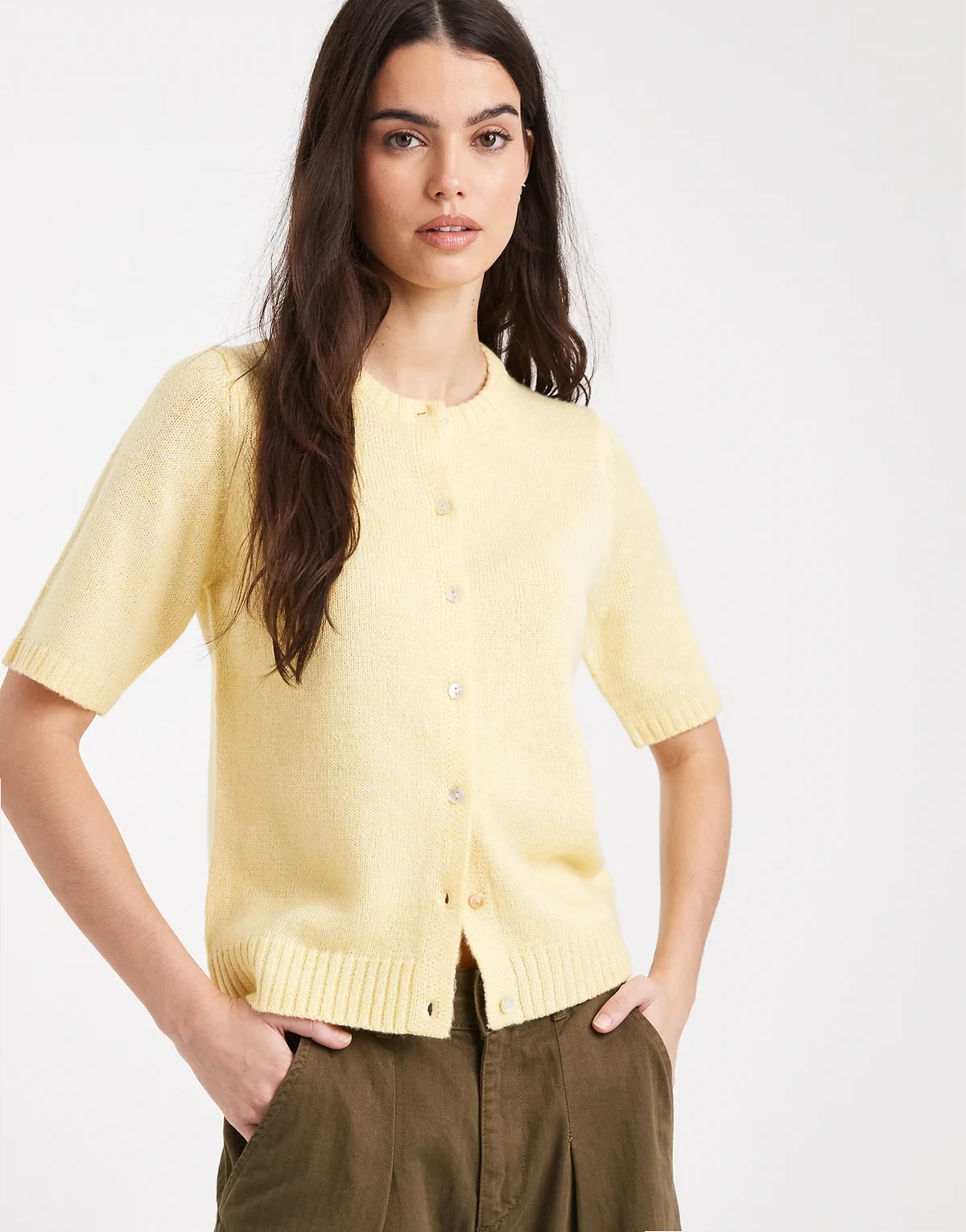 short sleeve crew neck cardigan in lemon yellow