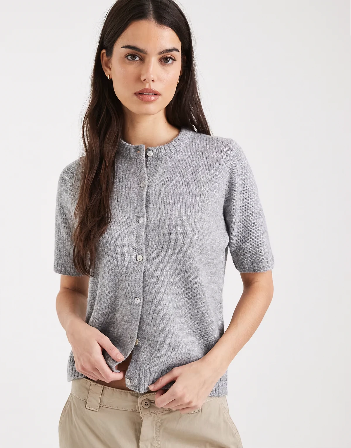 short sleeve crew neck cardigan in gray